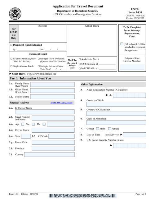 Form I-131 (Application for Travel Documents) - Mẫu form xin giấy phép tái nhập cảnh Mỹ