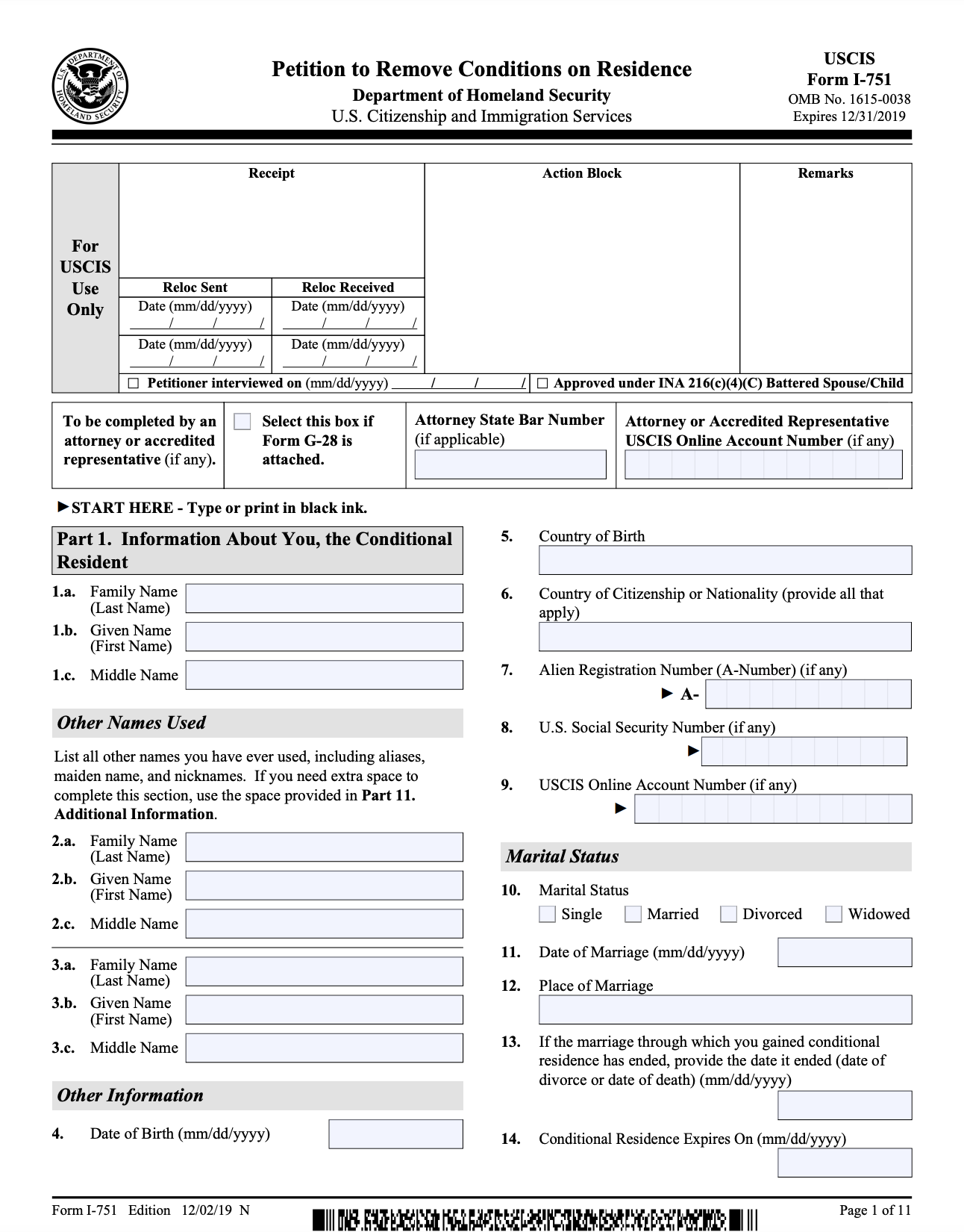 Form I-751 cơ bản gồm 11 phần